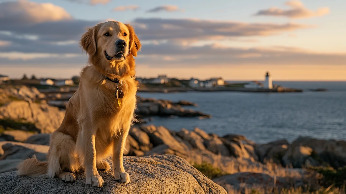 Dog photography gift session at Cohasset Harbor with granite ledge and lobster boats in Massachusetts