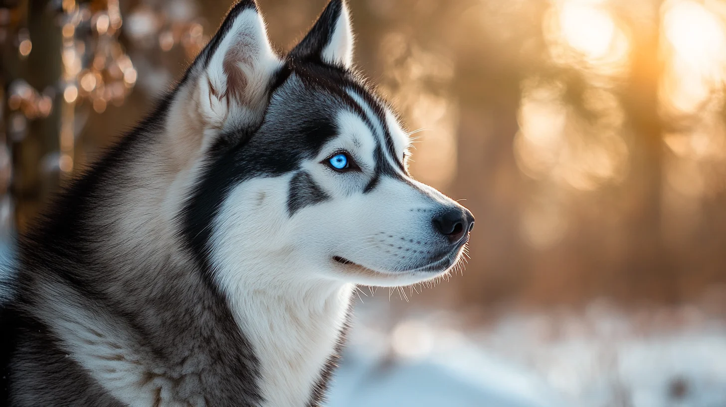 Siberian Husky portrait with curled tail and blue eyes — South Shore Pet Photography