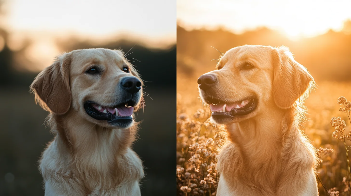 Side-by-side studio and outdoor dog portrait comparison