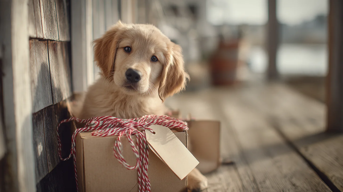 Golden retriever puppy peeking out of a kraft gift box tied with twine on a porch